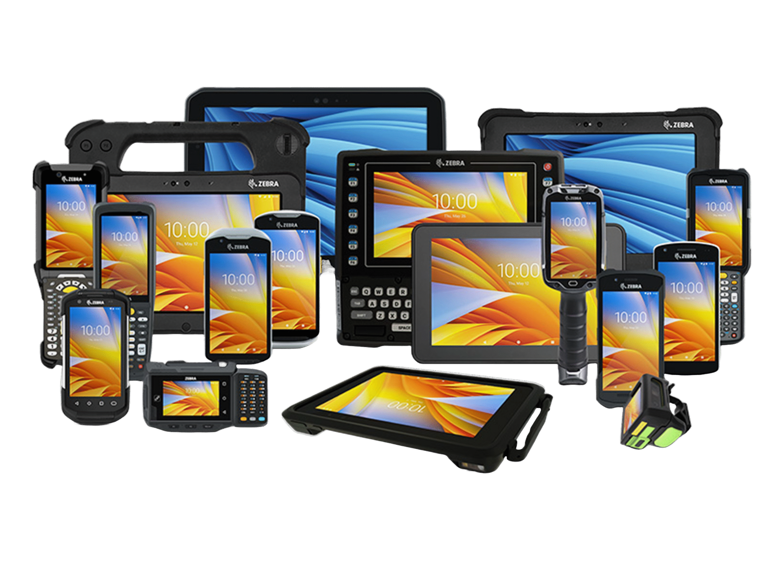 Collage of top-selling Zebra Technologies mobile devices, rugged tablets, barcode scanners, and handheld computers for enterprise and industrial use